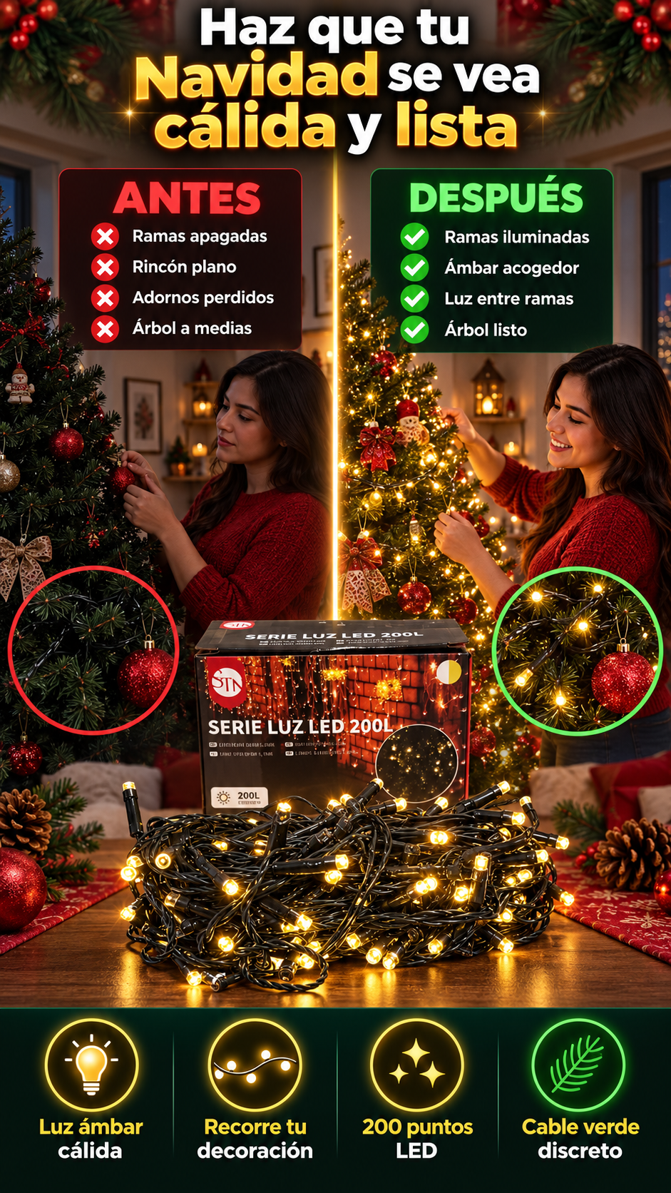 Tira de luces LED ámbar de 12 metros para hogares y pequeños negocios — para interiores cálidos y festivos esta Navidad