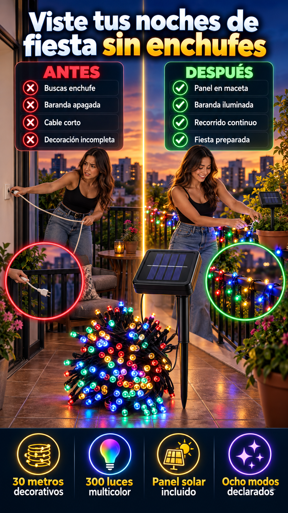 Ilumina tu jardín, balcón o terraza en fiestas y eventos con una guirnalda LED solar sin enchufes