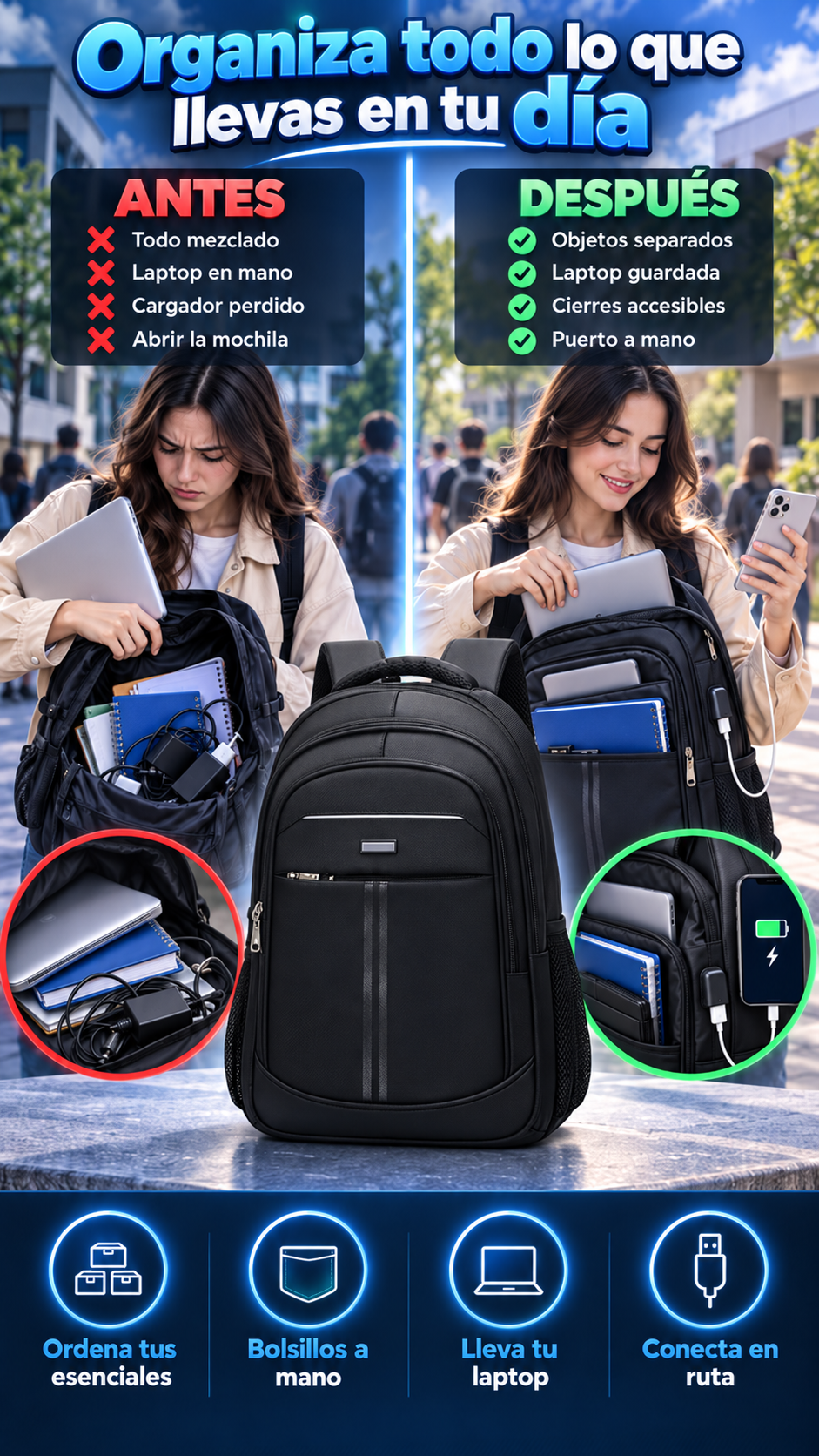 Mochila juvenil moderna — Organiza tu día de estudio, trabajo o viaje con espacio para laptop y puerto USB integrado