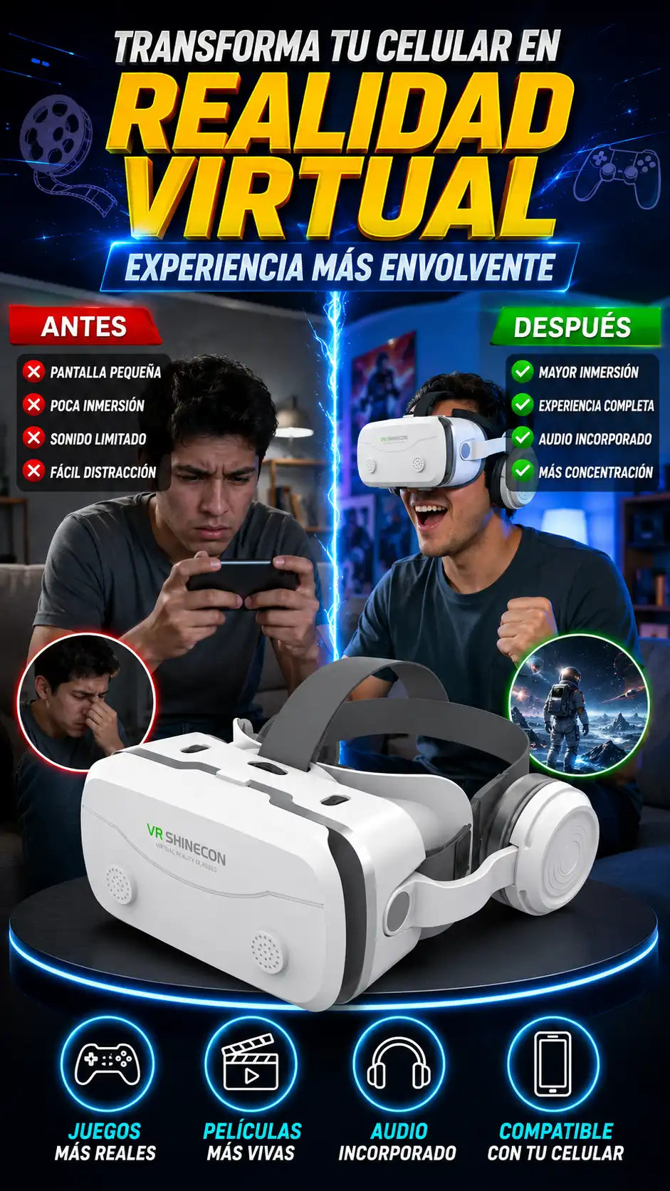 Gafas de Realidad Virtual 3D con Audífonos — Vive una experiencia más envolvente