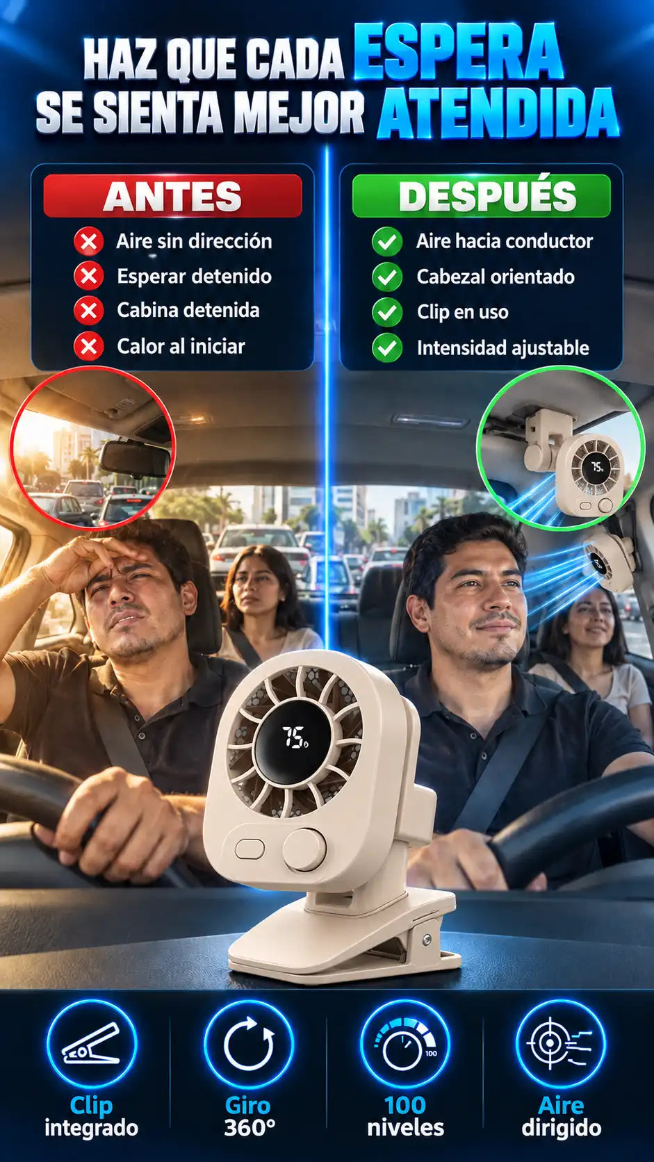 Ventilador con Clip para Auto, giro 360° y hasta 100 niveles — Ventilación extra donde hace falta