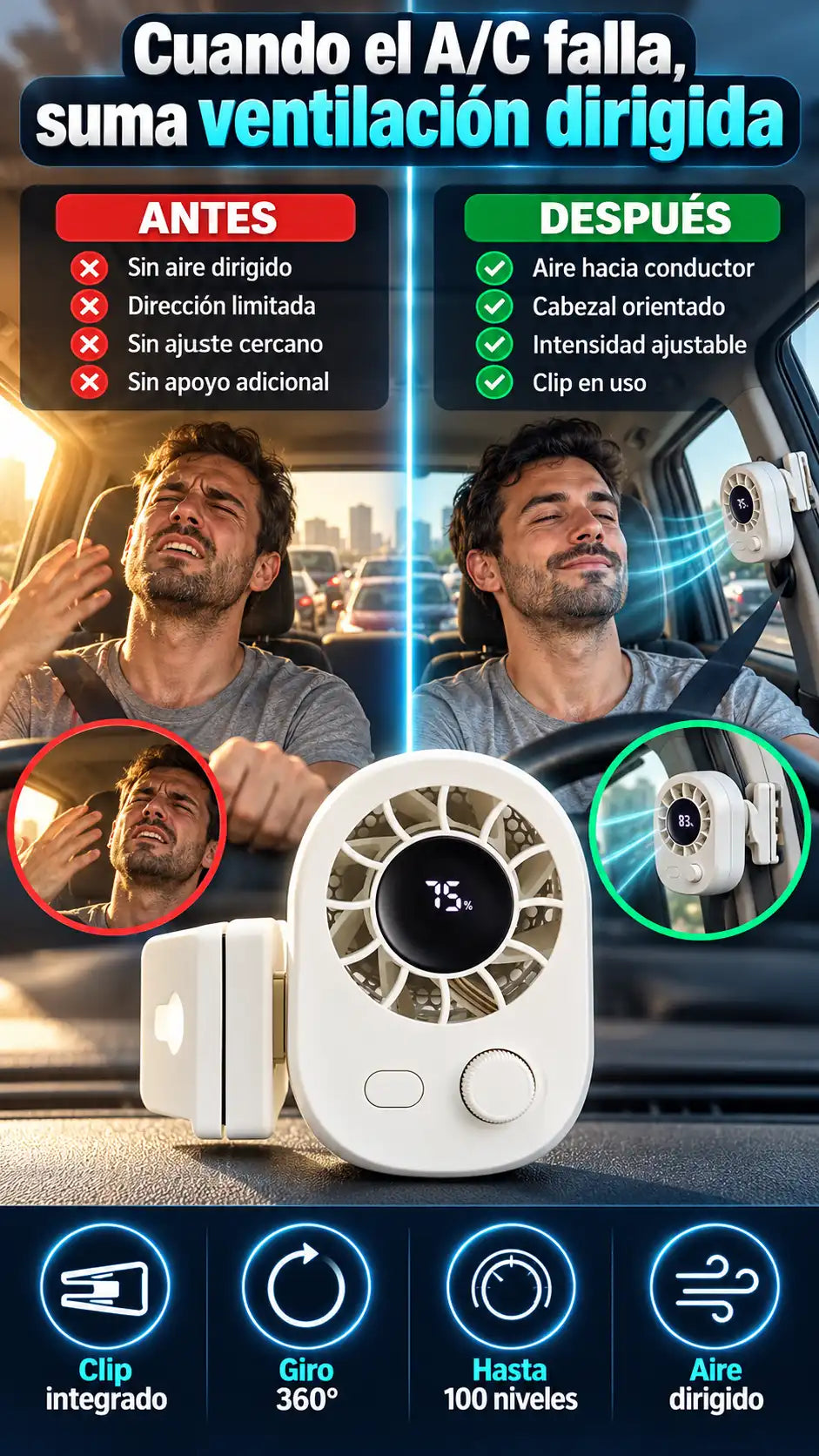 Ventilador para Auto con Clip, Giro 360° y Hasta 100 Niveles — Una alternativa de ventilación adicional sin convertirla en una reparación