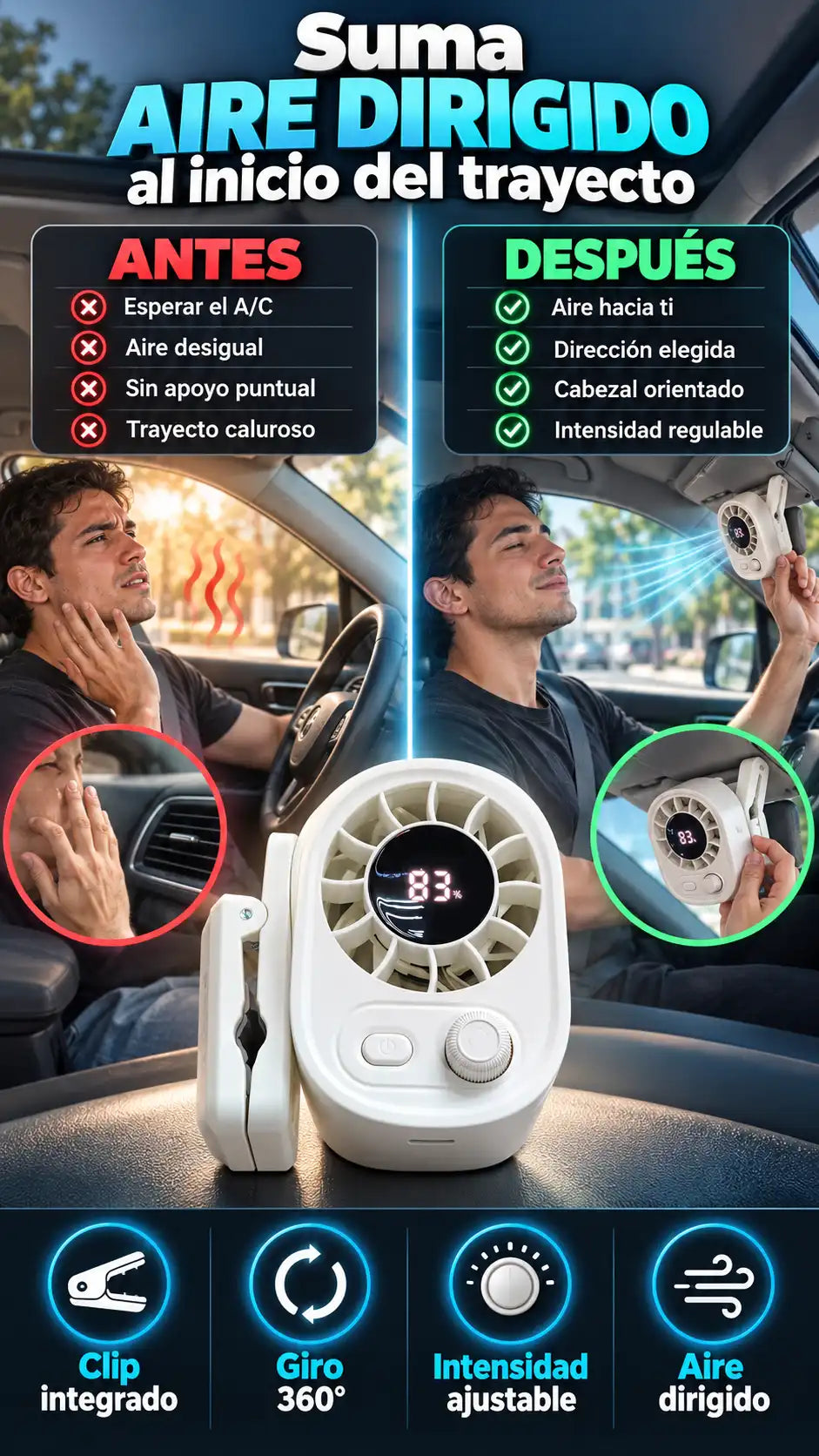 Ventilador portátil para auto con clip, intensidad ajustable y giro de 360° — Un complemento práctico para tus trayectos calurosos