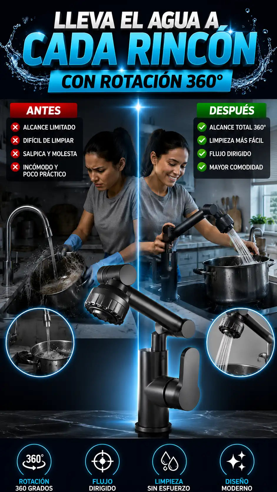 Grifo Multifuncional con Brazo Retráctil 360° — Limpia cada rincón con facilidad