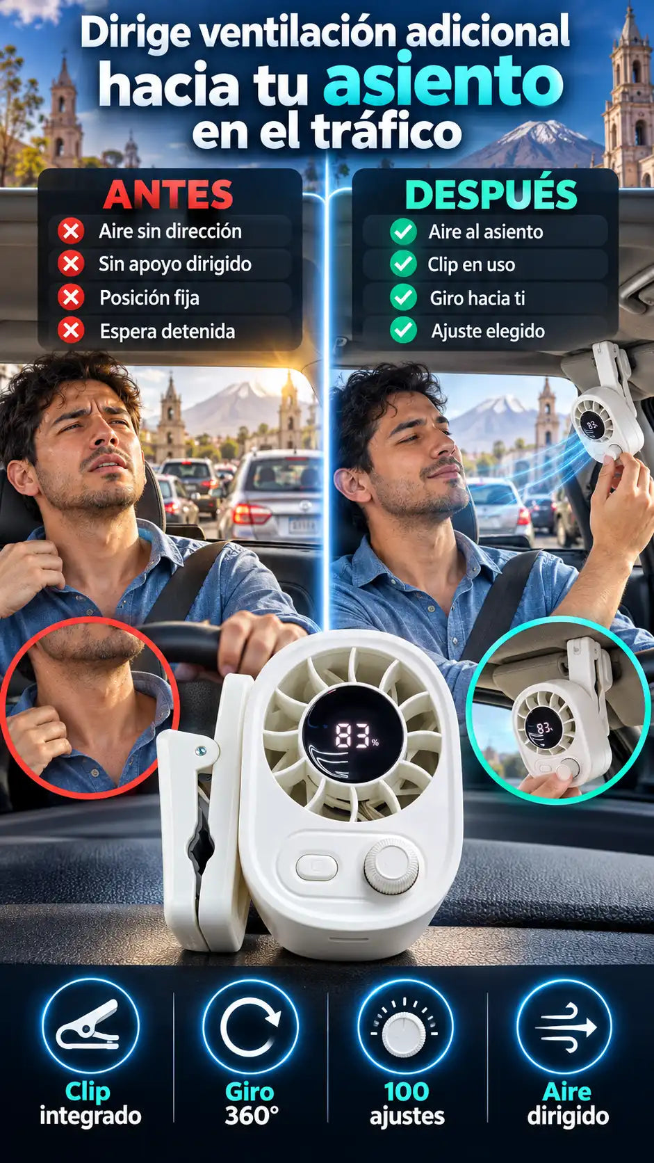 Ventilador con clip para auto, giro de 360° y hasta 100 niveles — ventilación ajustable para regresos y diligencias en la ciudad