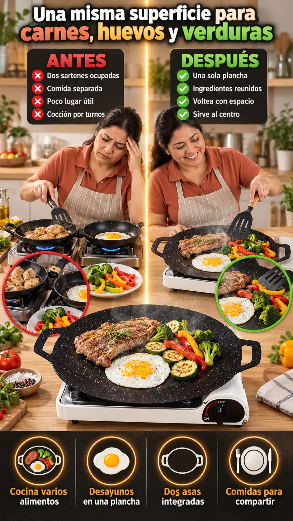 Plancha redonda de doble asa para hogares que quieren cocinar sin una parrilla independiente — Una misma superficie para carnes, huevos y verduras