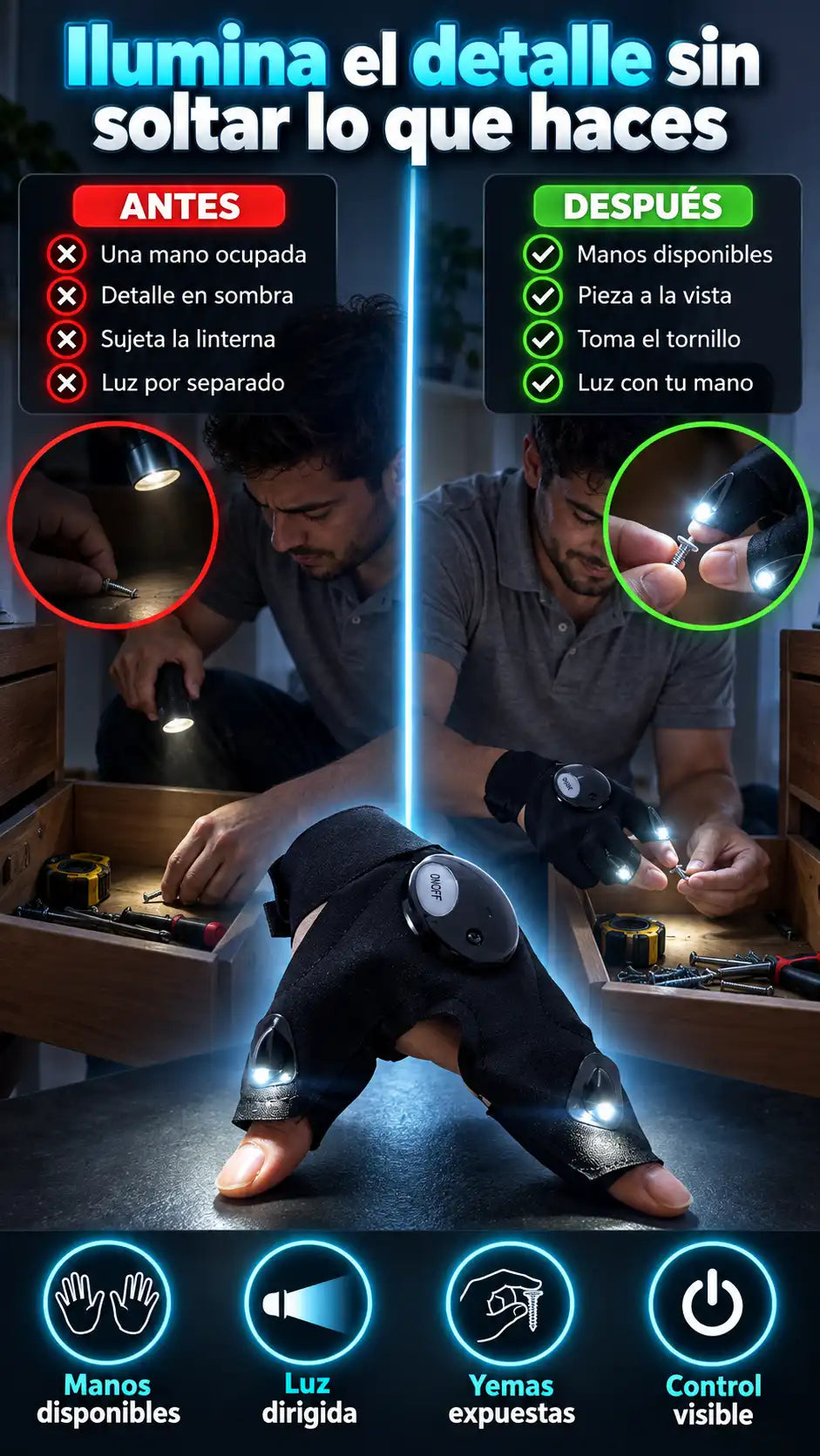 Guante con luz LED manos libres para tareas domésticas, bricolaje y revisiones ligeras