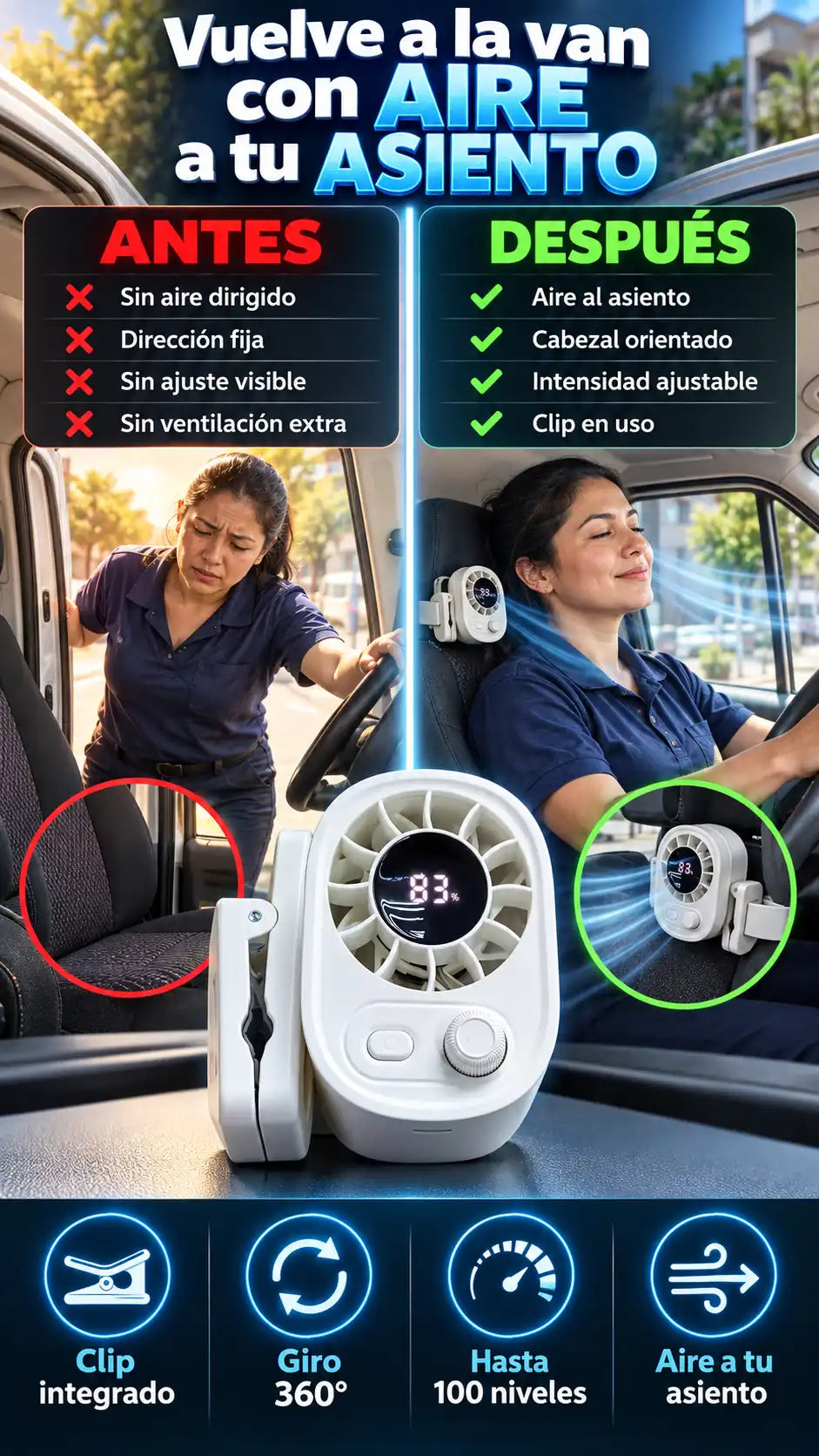Ventilador portátil con clip para auto, giro de 360° y hasta 100 niveles — Aire dirigido al volver a tu van