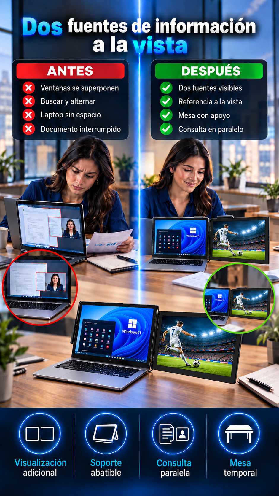 Pantalla externa portátil para profesionales, estudiantes y trabajadores remotos que necesitan ver dos fuentes de información a la vez