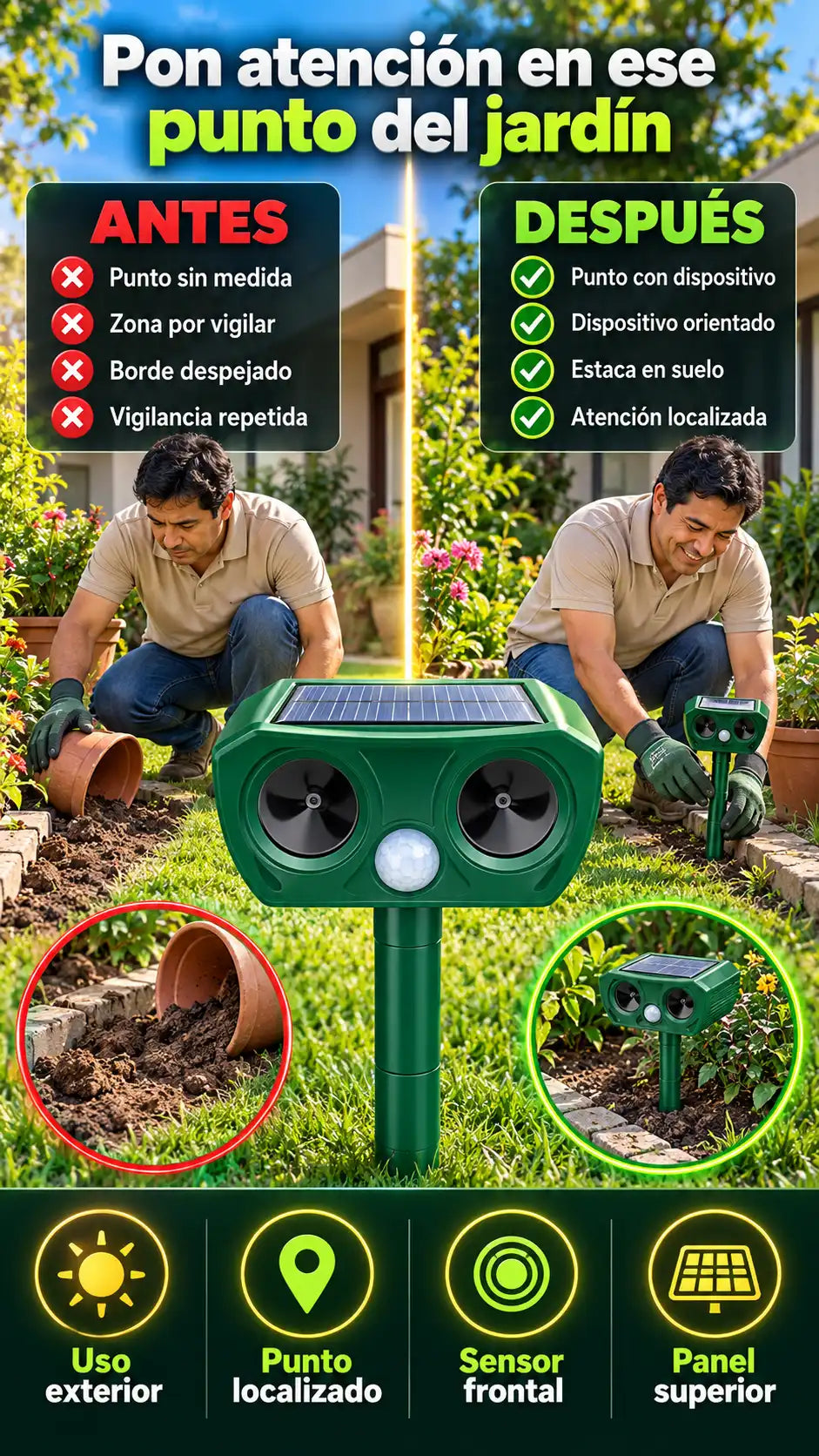 Ahuyentador solar ultrasónico con sensor de movimiento para propietarios que quieren probar una disuasión en un punto del jardín o perímetro
