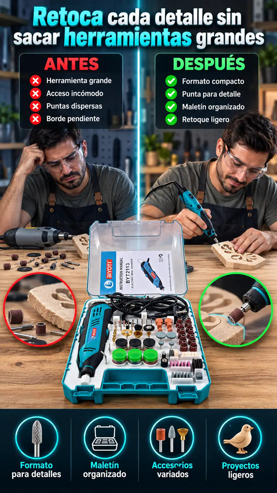 Mini herramienta rotativa con accesorios para lijar, pulir y retocar detalles en tus proyectos ligeros