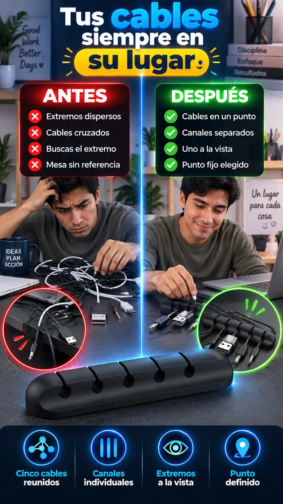 Organizador de cables TOPK con canales individuales — Cada cable en su lugar